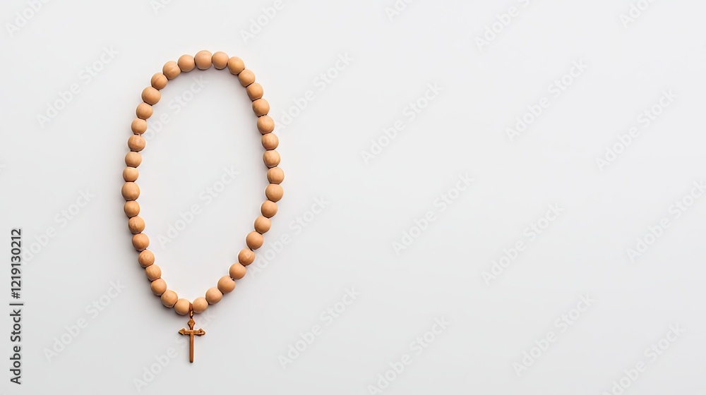 Neatly Coiled Simple Wooden Rosary on White Surf Background, Perfect for Spiritual and Religious Themes Neatly Coiled Simple Wooden Rosary on White Surf Background, Perfect for Spiritual and Religious Themes