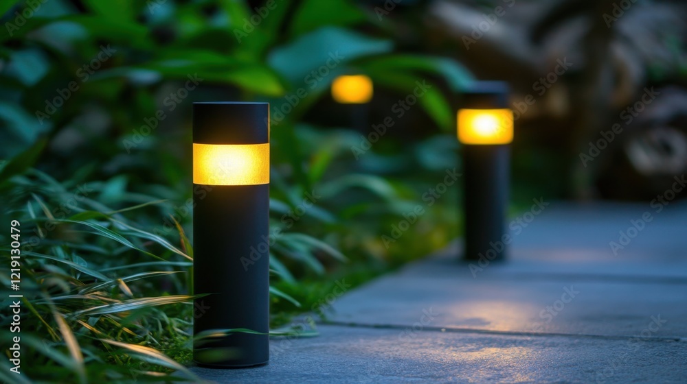 Elegant Pathway Lighting in a Lush Garden Setting at Dusk, Illuminating Walkway with Subtle Glow and Soft Shadows Enhancing Natural Beauty of Outdoor Space Elegant Pathway Lighting in a Lush Garden Setting at Dusk, Illuminating Walkway with Subtle Glow and Soft Shadows Enhancing Natural Beauty of Outdoor Space