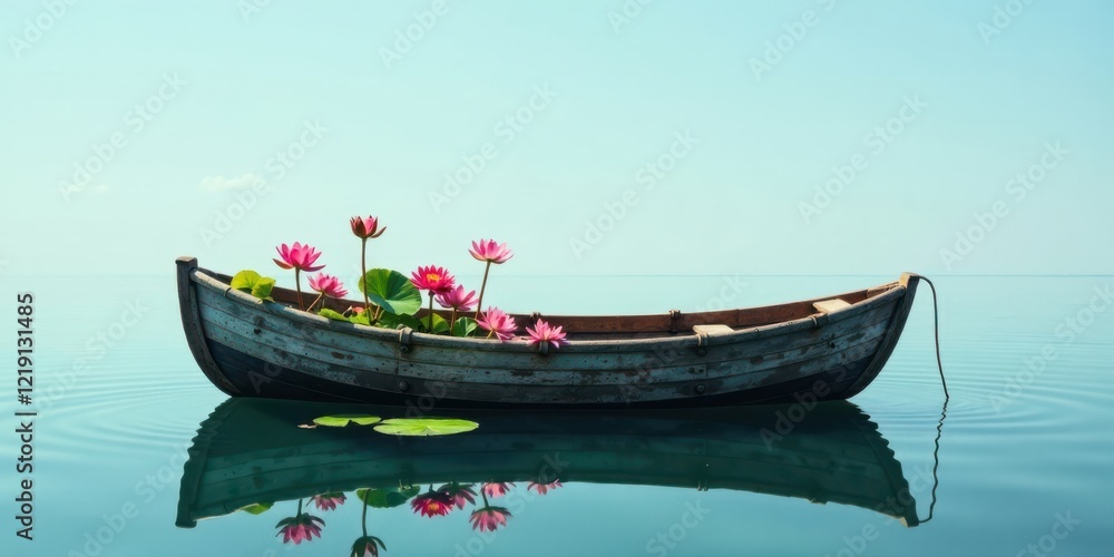 Obraz premium Serene wooden rowboat adrift on tranquil water, adorned with vibrant pink water lilies, reflecting a peaceful atmosphere