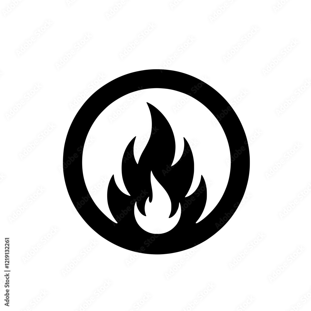 Fiery Circle Icon: A bold, black flame icon encased within a circular frame. Perfect for representing heat, passion, energy, or warning. A simple yet impactful graphic design element. Fiery Circle Icon: A bold, black flame icon encased within a circular frame. Perfect for representing heat, passion, energy, or warning. A simple yet impactful graphic design element.