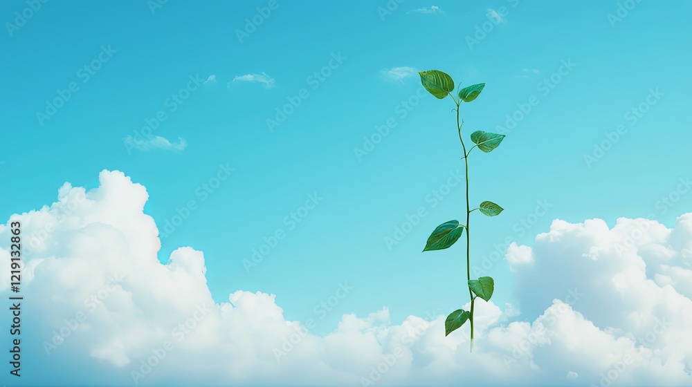Majestic Beanstalk Stretching High into the Serene Blue Sky Surrounded by Fluffy White Clouds Majestic Beanstalk Stretching High into the Serene Blue Sky Surrounded by Fluffy White Clouds