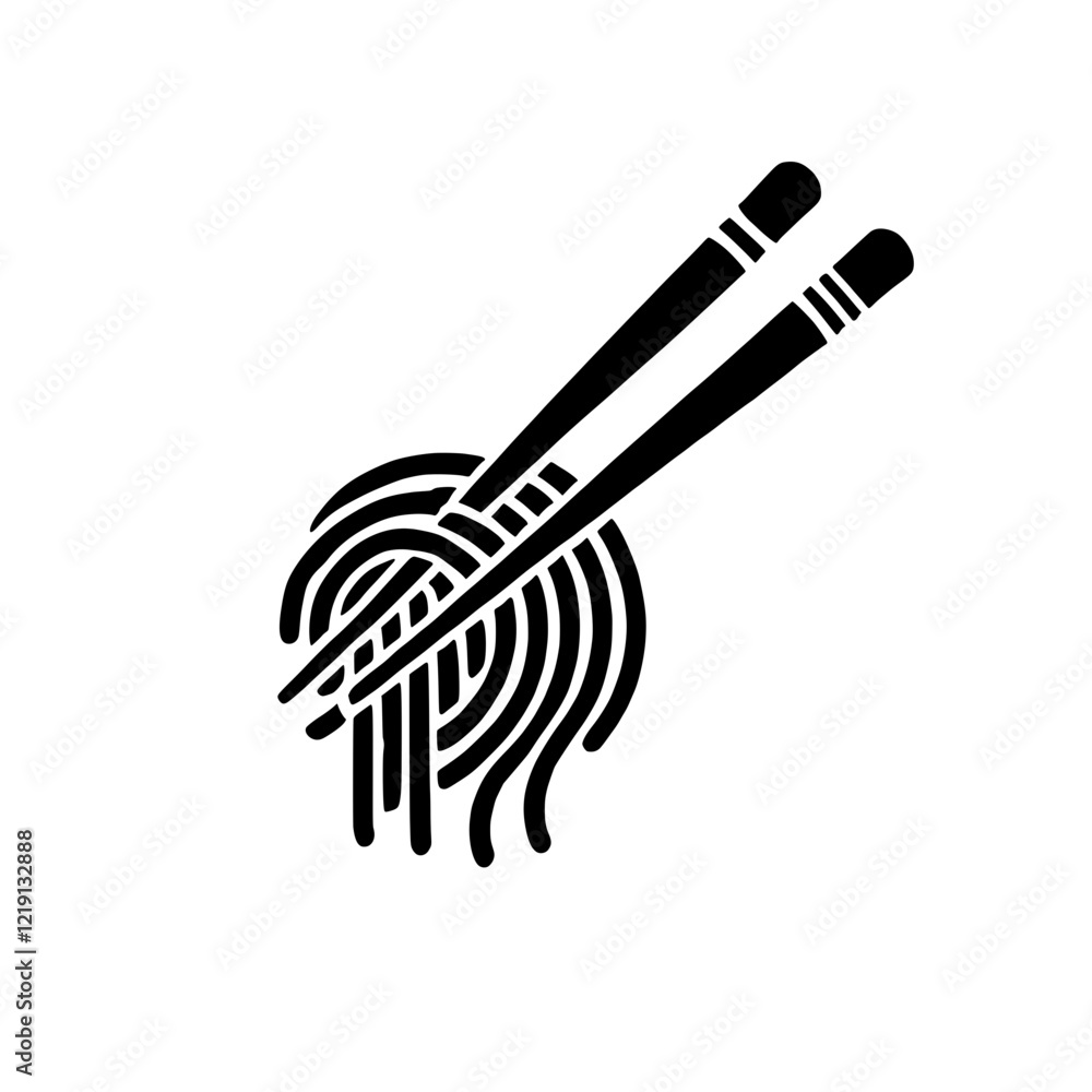 Noodles and Chopsticks: A simple yet elegant black and white icon depicting a bowl of noodles and a pair of chopsticks. This graphic represents a cultural food experience, perfect for menus. Noodles and Chopsticks: A simple yet elegant black and white icon depicting a bowl of noodles and a pair of chopsticks. This graphic represents a cultural food experience, perfect for menus.