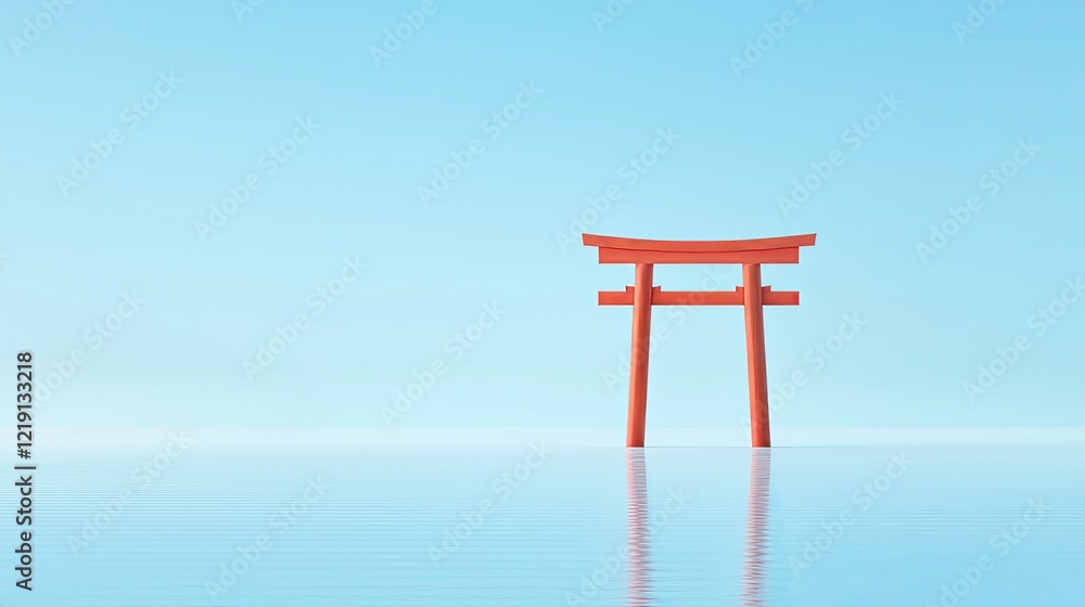 Serene Torii Gate in Tranquil Water Under Clear Blue Sky Serene Torii Gate in Tranquil Water Under Clear Blue Sky