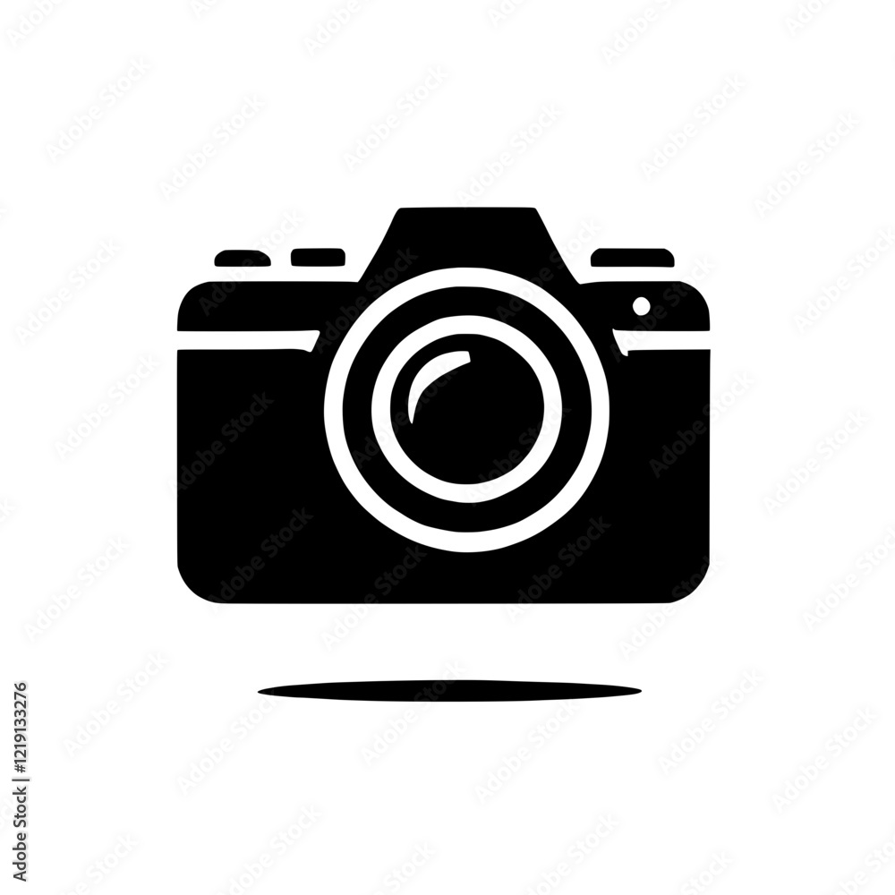 Camera Icon: A simple yet powerful black silhouette of a digital camera with a lens, casting a subtle shadow, perfect for websites, apps, and social media graphics. Camera Icon: A simple yet powerful black silhouette of a digital camera with a lens, casting a subtle shadow, perfect for websites, apps, and social media graphics.