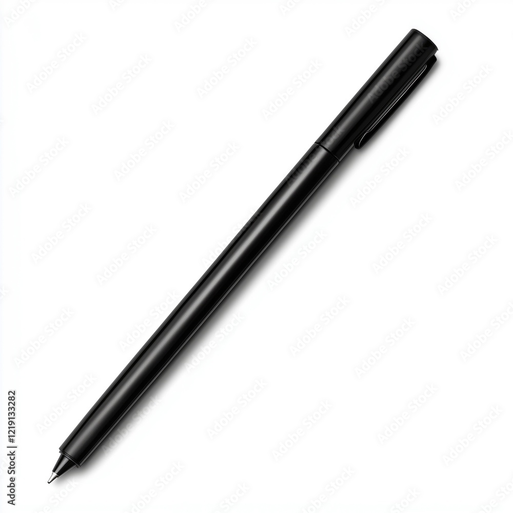 A sleek black ballpoint pen lying on a clean white background, showcasing its minimalist design and smooth finish. A sleek black ballpoint pen lying on a clean white background, showcasing its minimalist design and smooth finish.