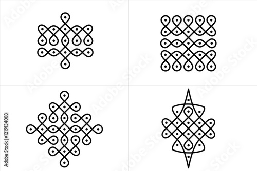 Set of Indian Traditional and cultural design concept of Rangoli or kolam design line drawing isolated on white background - vector illustration