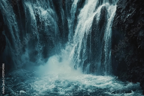 Powerful waterfall surrounded by lush greenery in a tranquil setting.