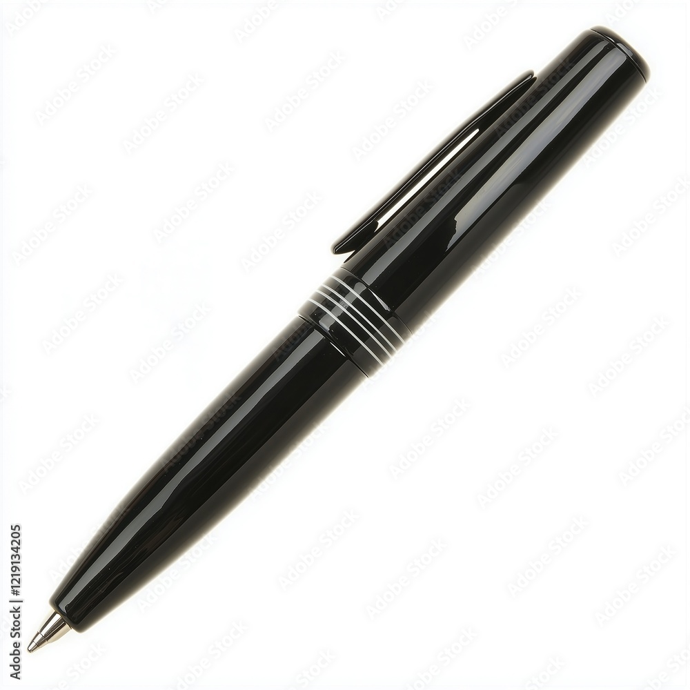 A sleek black pen with a shiny finish, positioned diagonally against a white background, ideal for branding and stationery designs. A sleek black pen with a shiny finish, positioned diagonally against a white background, ideal for branding and stationery designs.