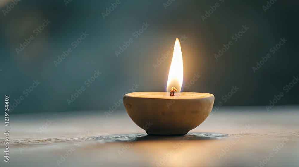 Traditional Diya Lamp Glowing with a Single Flame in a Peaceful Setting Traditional Diya Lamp Glowing with a Single Flame in a Peaceful Setting
