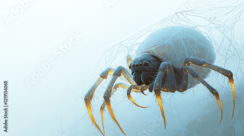 Intricate Spider Holding Golden Threads in a Tranquil Web Setting with a Mysterious Trickster Element photo