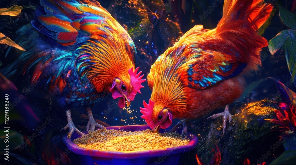 Fototapeta premium Two colorful roosters standing on grass in a farmyard setting