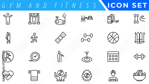 Gym and fitness icon set. Containing healthy lifestyle, weight training, body care and workout or exercise equipment icons. Solid icons vector collection.