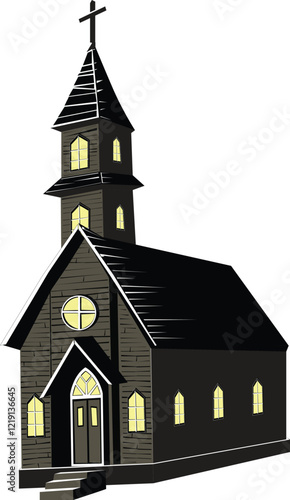 Isolated Creepy Wooden Church in the dark night. Religion, faith, belief icon or symbol. Vector illustration.