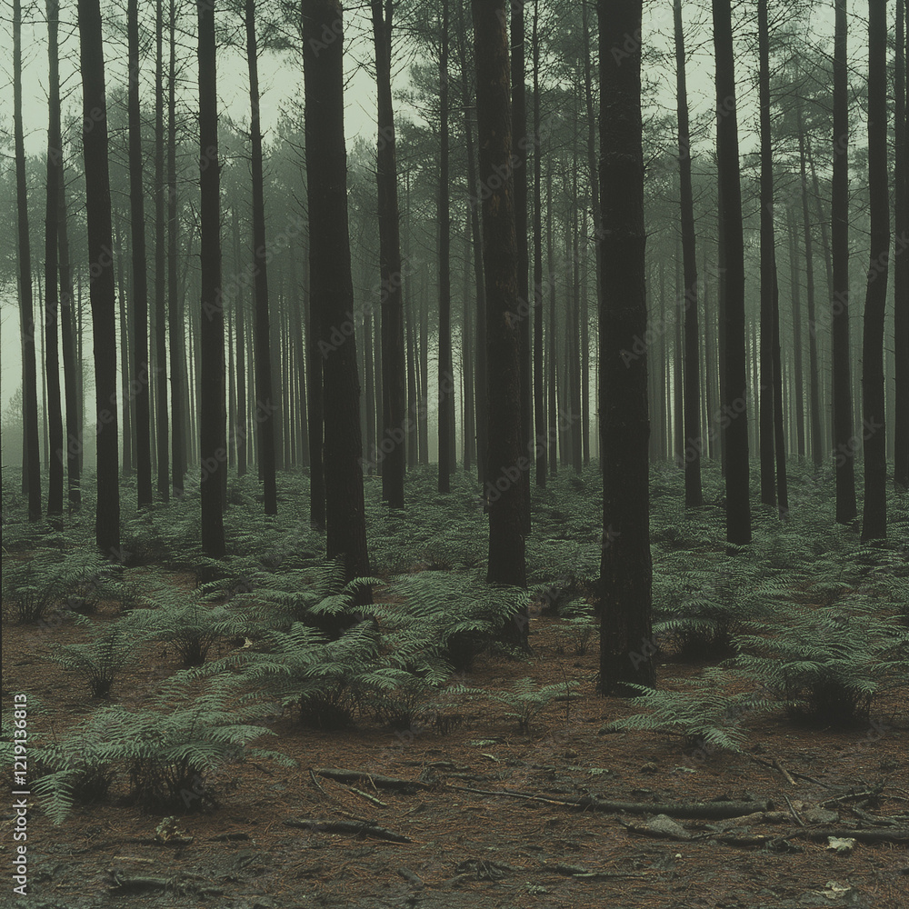 Obraz premium Misty Forest Scene Dark Green Pine Trees Ferns Nature Photography Background Image fog view calm mood tone woods quiet 