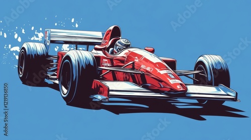 Fast racing car speeding on a blue background during a competitive motorsport event