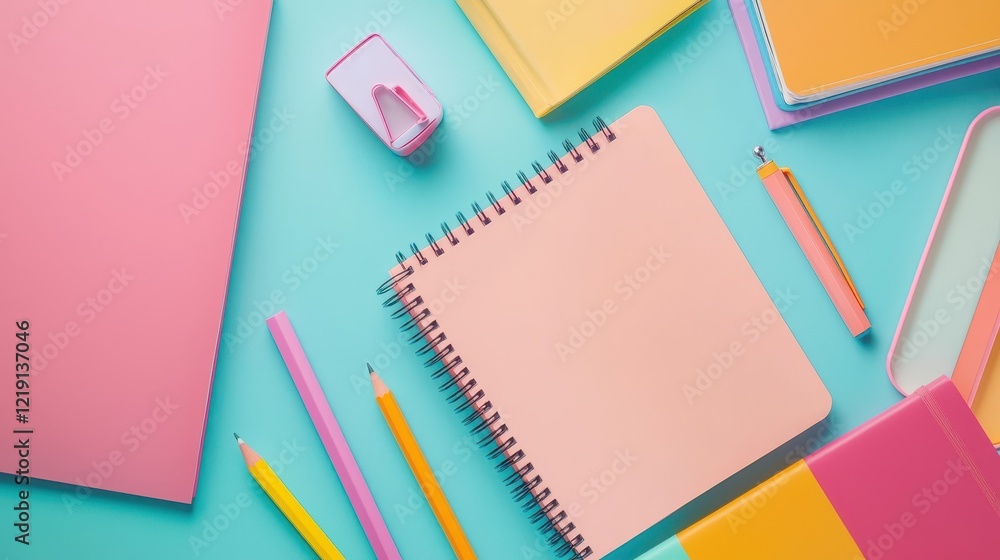 A collection of colorful study notebooks, pens, and a pencil sharpener on a white isolated background A collection of colorful study notebooks, pens, and a pencil sharpener on a white isolated background