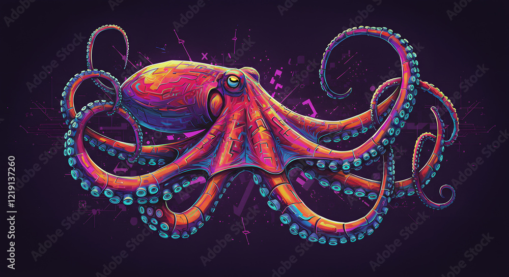 Fototapeta premium Colorful digital illustration of an octopus against a dark background