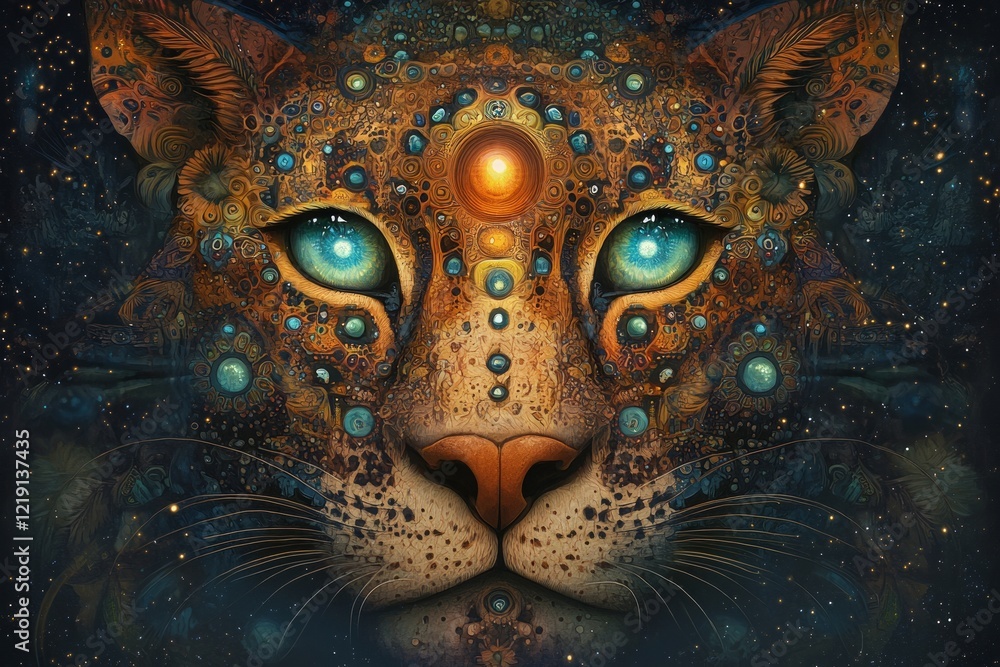 Mystical Big Cat Portrait Against Cosmos Mystical Big Cat Portrait Against Cosmos