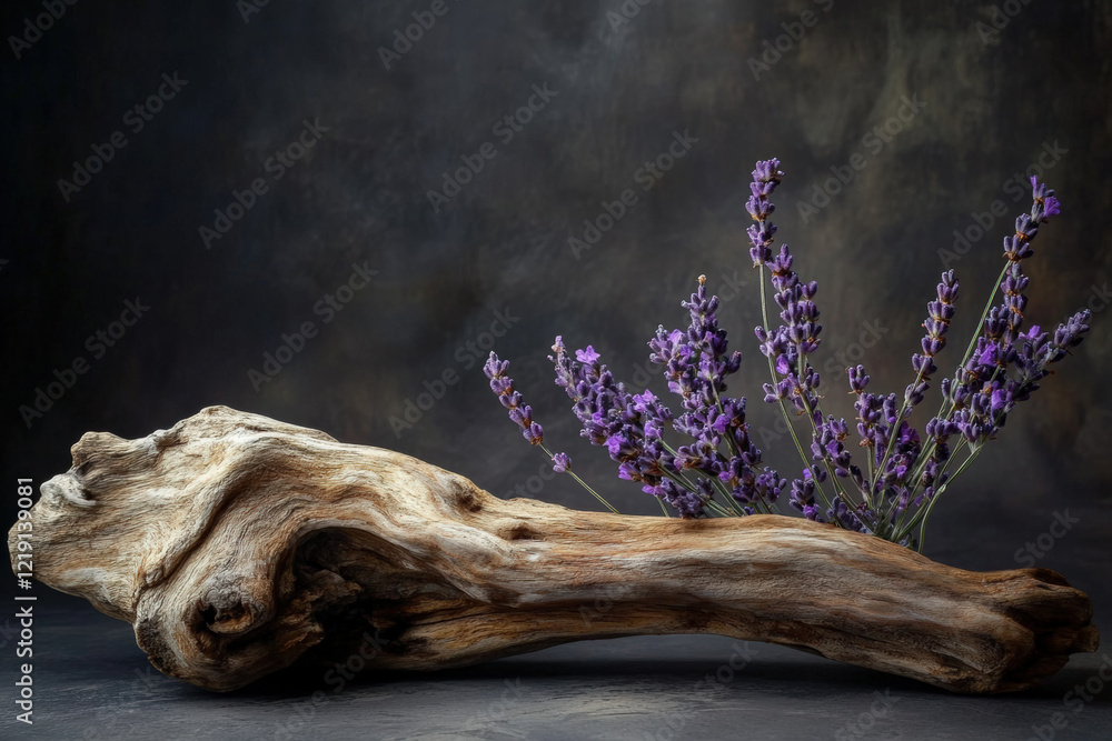Fototapeta premium Driftwood with lavender branch on dark background. beautiful composition