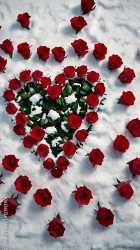 Valentine's Day winter background with a heart made of red roses on the snow