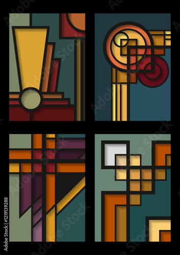 Art Deco Style Decor Set, Vector Art Deco Templates for Retro Posters, Covers, Illustrations, 1920s - 1940s Art Deco Color Mosaics