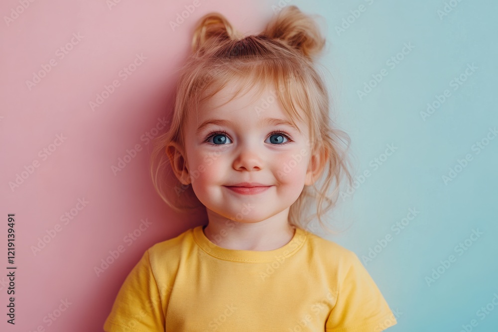 Naklejka premium Gazing with calm blue eyes, a young girl with freckles is framed by a soft pink and blue neon fluorescent gradient, creating a gentle feel.