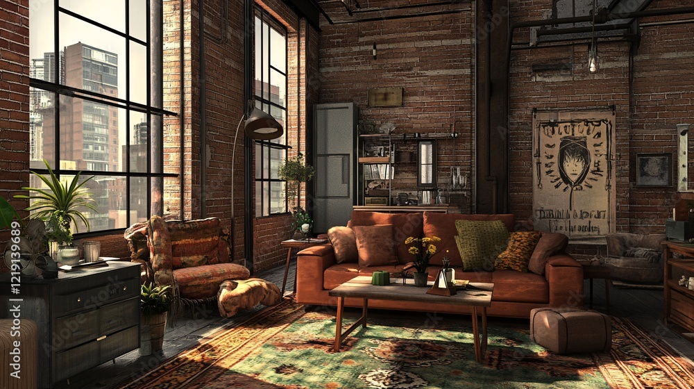 Cozy urban living room with rustic charm, featuring exposed brick walls and eclectic decor.