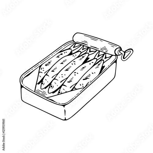 a drawing of a tin of fish in a box