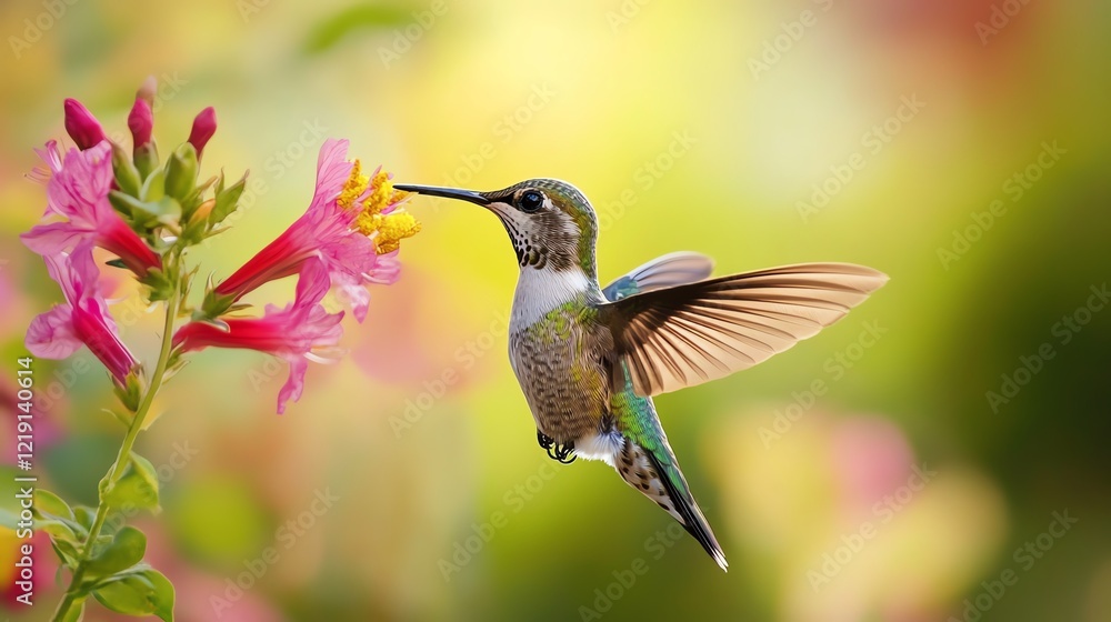 Obraz premium A vibrant hummingbird hovers gracefully near a colorful flower, showcasing its iridescent feathers against a soft blurred background, capturing the essence of nature's beauty.