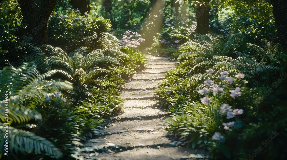 Obraz premium Enchanting Woodland Path with Soft Sunlight Dappled through Leaves and Lush Greenery