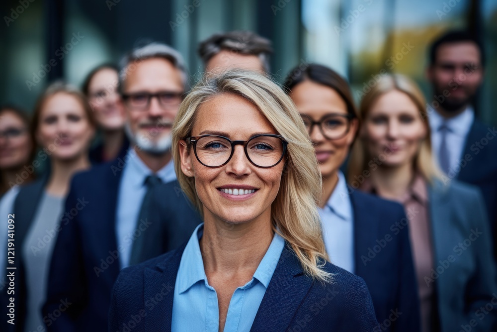Fototapeta premium A confident leader stands with purpose, his team of diverse individuals behind him, symbolizing unity and strength in a powerful, urban setting.