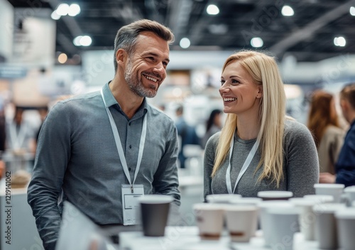 A professional exchange between a man and woman at a business event highlights the collaborative energy of the trade show. photo