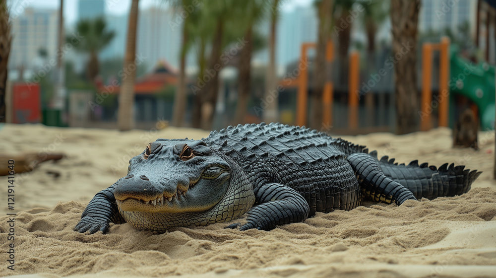 Fototapeta premium A dark-colored alligator resting on a sandy area near a park