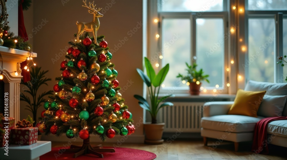 Festive Christmas tree adorned with red, green, and gold ornaments, standing proudly in a cozy living room, illuminated by warm string lights, creating a magical holiday atmosphere. Festive Christmas tree adorned with red, green, and gold ornaments, standing proudly in a cozy living room, illuminated by warm string lights, creating a magical holiday atmosphere.
