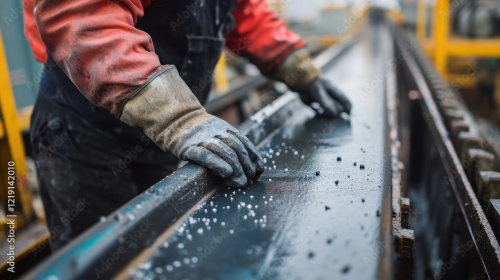 A mechanic applies a protective coating to the metal surface of a heavyduty conveyor belt focusing on areas vulnerable to corrosion. A mechanic applies a protective coating to the metal surface of a heavyduty conveyor belt focusing on areas vulnerable to corrosion.