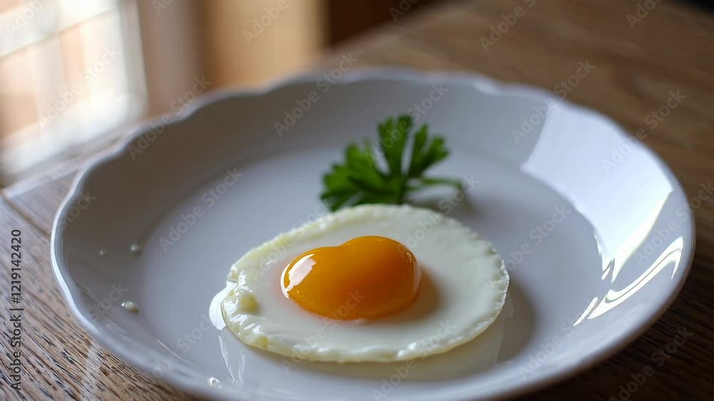 Fried egg with parsley on a white plate, breakfast simplicity concept Fried egg with parsley on a white plate, breakfast simplicity concept