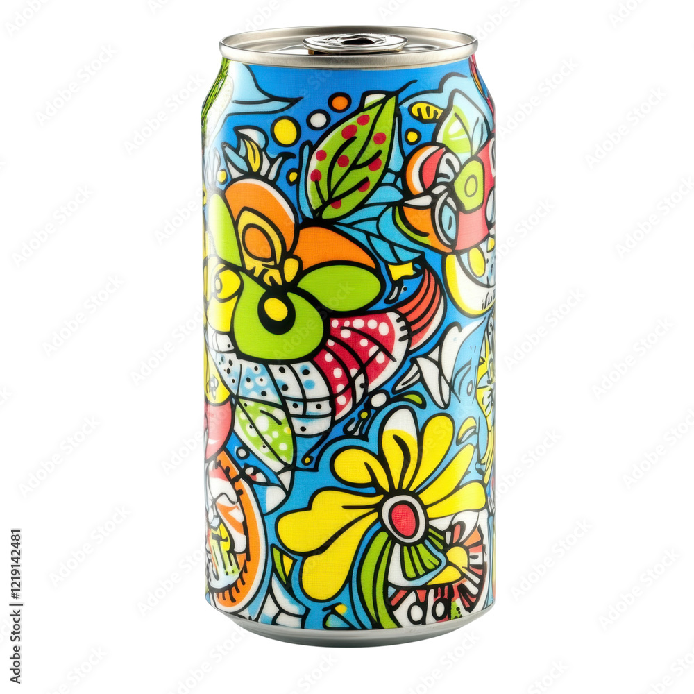Obraz premium Vibrant and Artistic Beverage Can Featuring Whimsical Floral and Nature Design with Bold Colors Perfect for Beverage Promotions and Advertisements