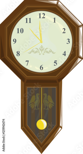 wooden classic pendulum clock in cartoon style in white background