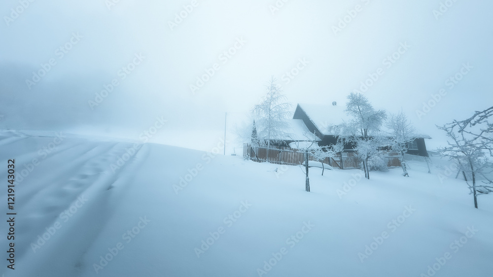 Obraz premium Mountain wooden house in winter scenery and fog in a dreamy mood
