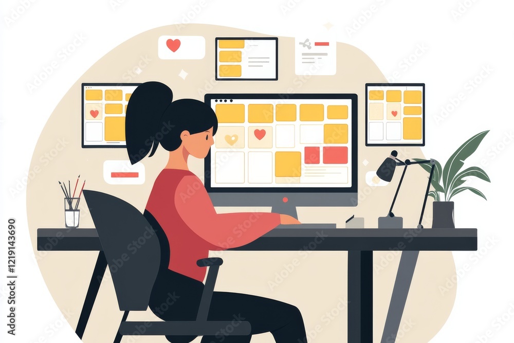 A person works at a desk with multiple screens, showcasing a digital workspace focused on productivity and organization. A person works at a desk with multiple screens, showcasing a digital workspace focused on productivity and organization.