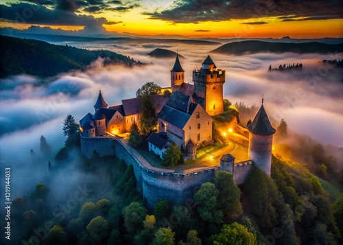 Mysterious Castle Towers Piercing Mist-Shrouded Sky - Drone Aerial View photo