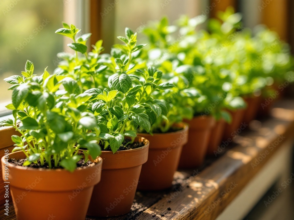 Bright Green Plants in Pots by the Window, Sunlight and Freshness Bright Green Plants in Pots by the Window, Sunlight and Freshness