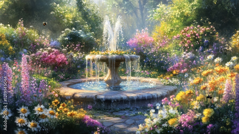 Serene garden fountain, floral blooms, sunlight, peaceful background, idyllic retreat