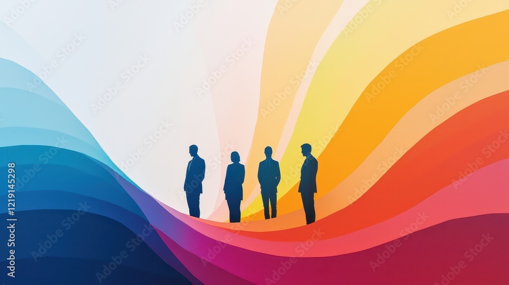 Fototapeta premium Silhouetted Figures in Front of Bright Colorful Swirling Background with Blue, Yellow, and Red Waves