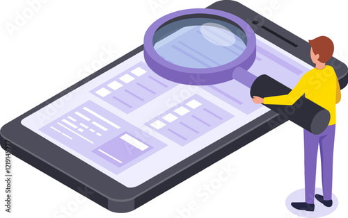 Isometric vector illustration representing a man holding a magnifying glass over a smartphone screen, searching or browsing information on mobile phone