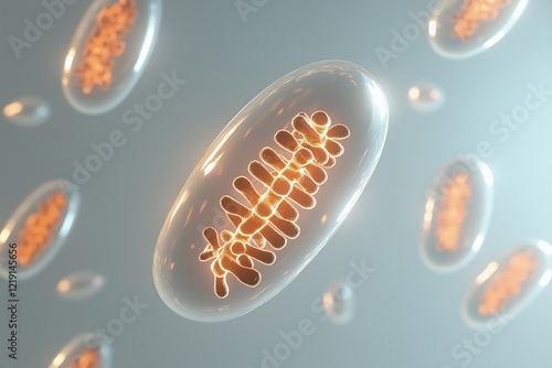 Mitochondria glowing softly in vibrant colors within cellular structures