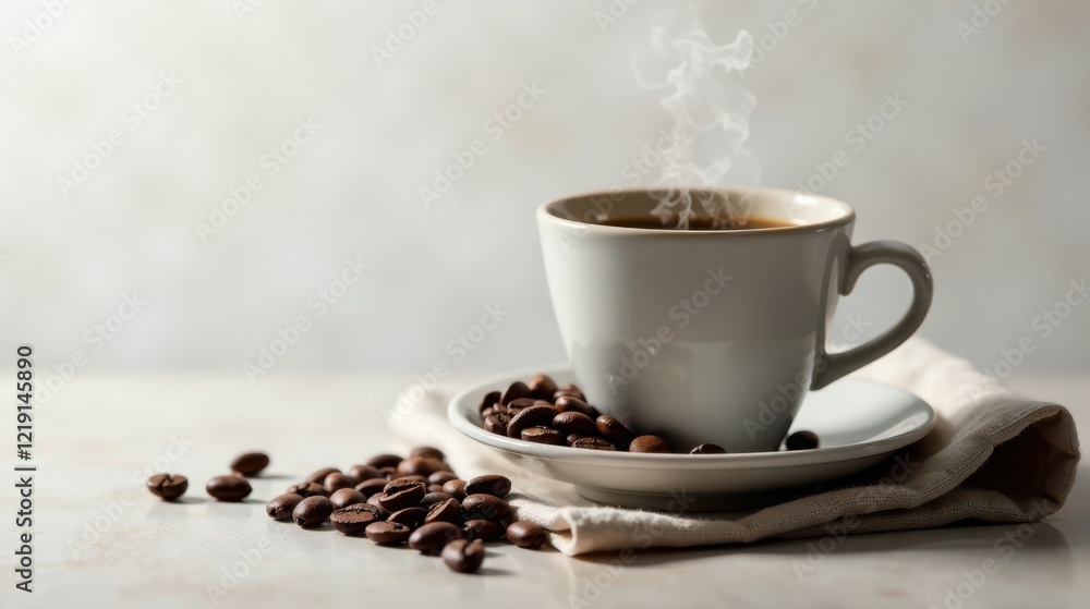 Obraz premium Aromatic coffee in a steaming cup, accompanied by roasted beans, rests on a simple linen cloth