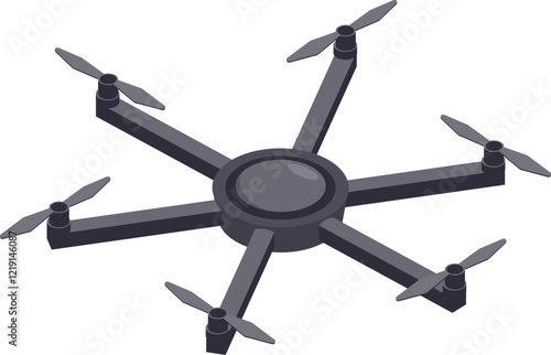 Flying through the sky. A professional hexacopter drone with six propellers captures stunning aerial video and photography from an isometric perspective. Showcasing advanced technology and innovation
