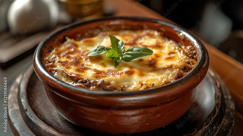 Close-up of a Delicious Baked Dish with Melted Cheese and Basil Close-up of a Delicious Baked Dish with Melted Cheese and Basil