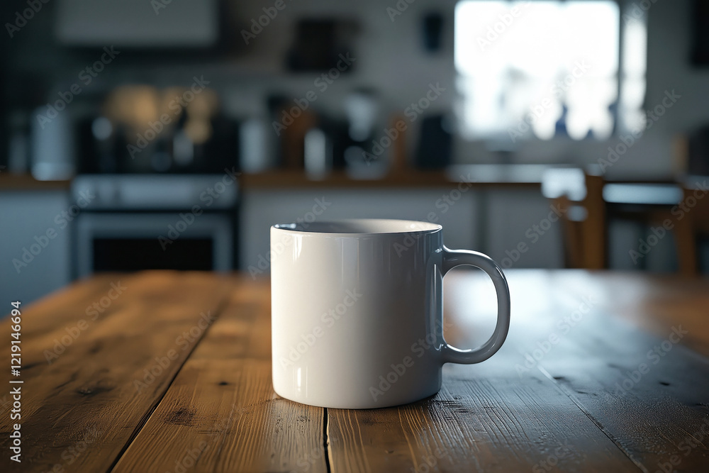 A white blank mock up mug on a wooden table in a modern home kitchen A white blank mock up mug on a wooden table in a modern home kitchen